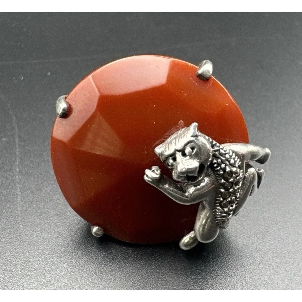 Sterling Silver Panther Carnelian Ring Size 8.5 Marcasite Art Deco Style 18.9 gm